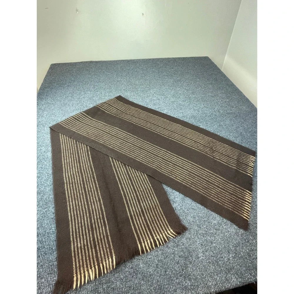Brown Tan Striped Fringed Rectangle Knit Scarf Classic Winter Accessory